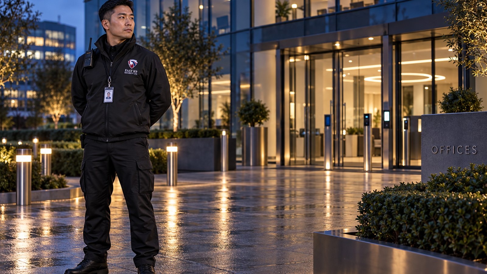 Fast K9 Security Limited officer monitoring a secure commercial entrance